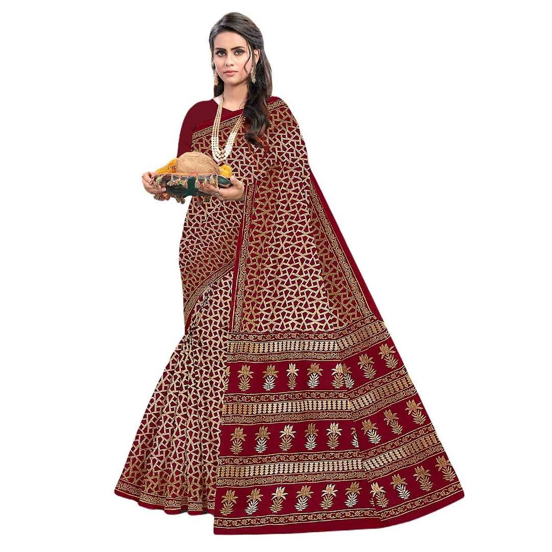 Authenzaa Women Cotton Saree JMDCS041 Brown 