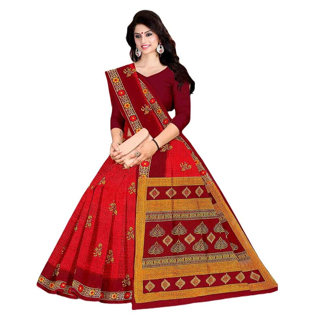 Authenzaa Women Cotton Saree JMDCS044 Red 
