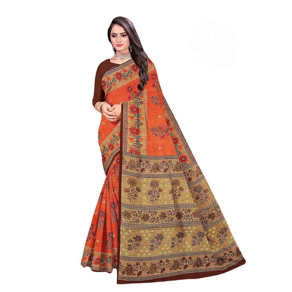 Authenzaa Women Cotton Saree JMDCS059 Orange 