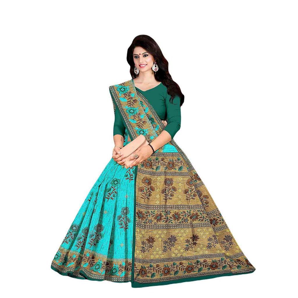 Authenzaa Women Cotton Saree JMDCS061 Bottle Green 