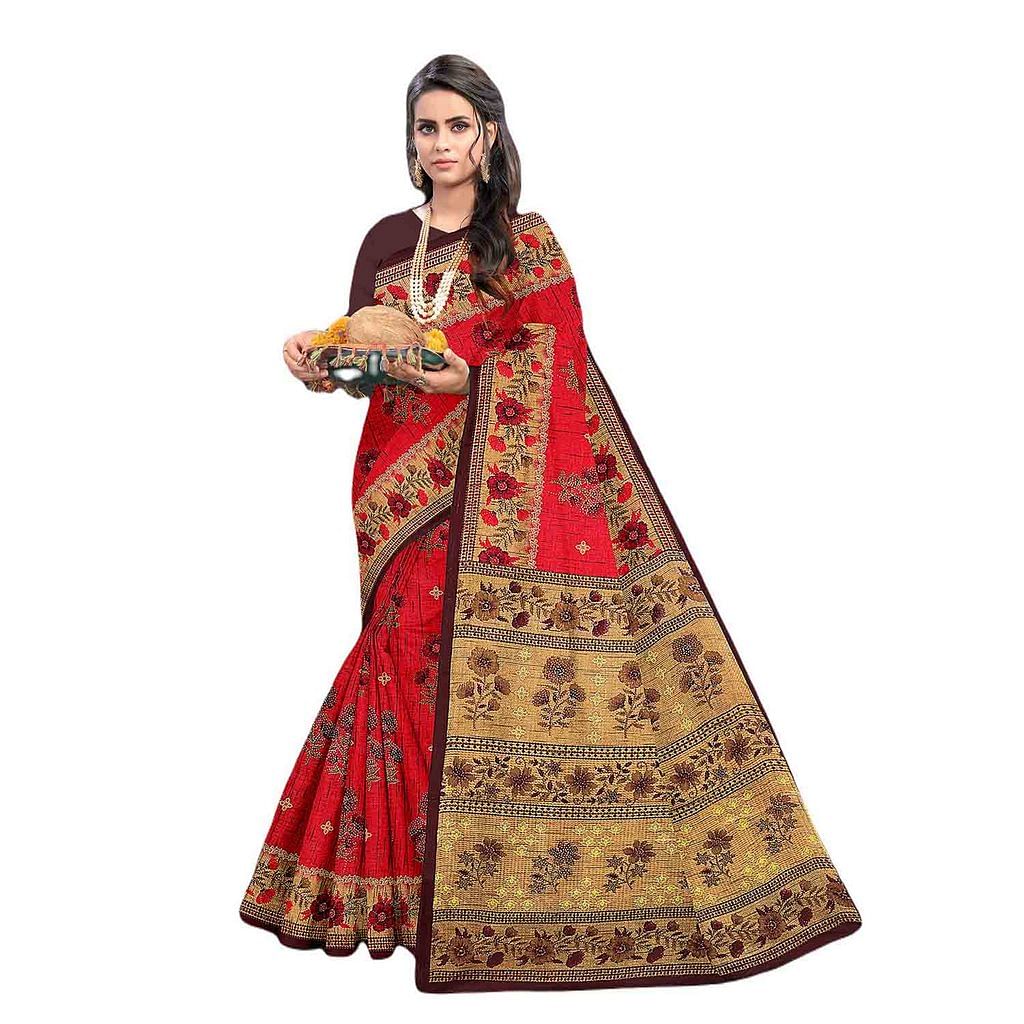 Authenzaa Women Cotton Saree JMDCS065 Red 