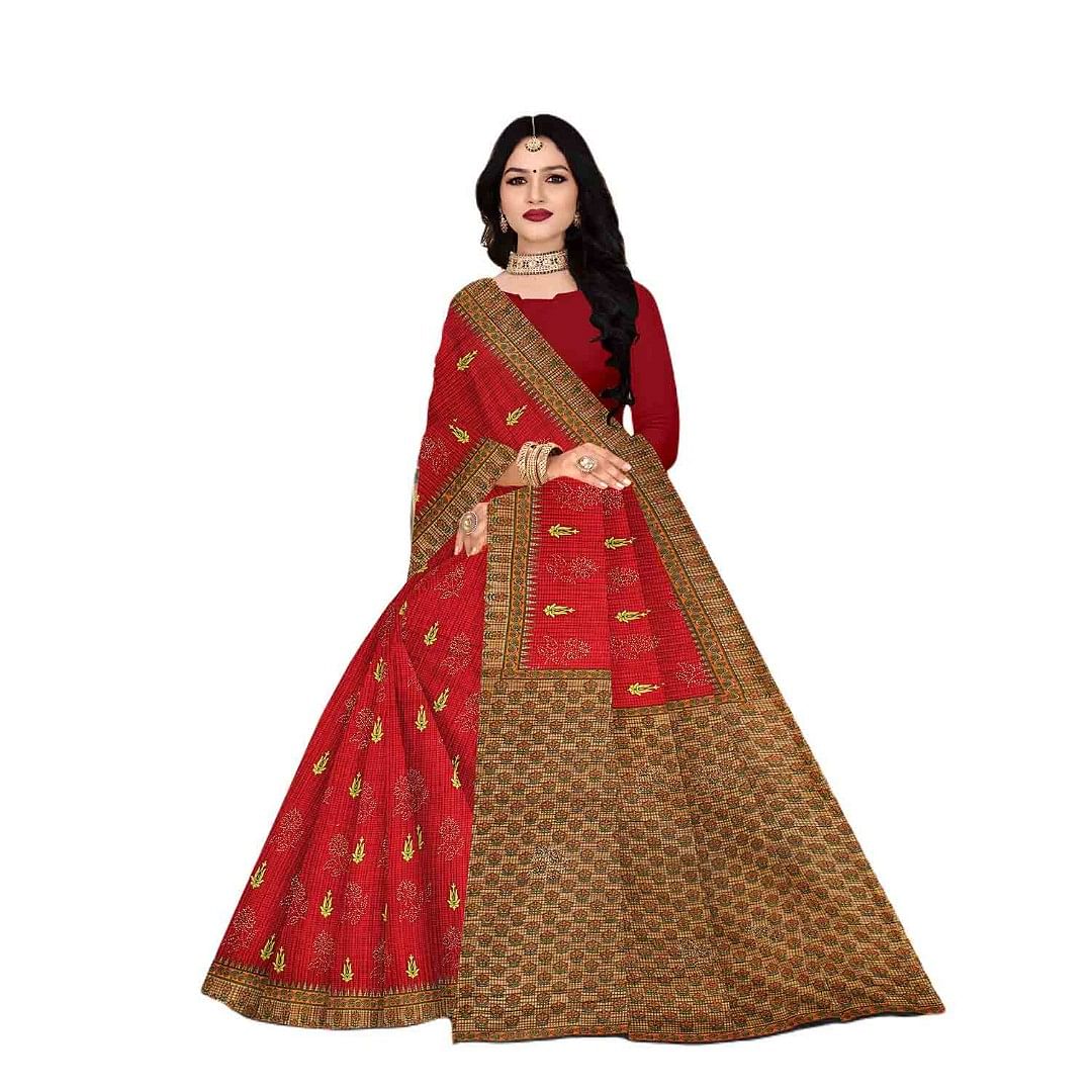 Authenzaa Women Cotton Saree JMDCS018 Dark Maroon 
