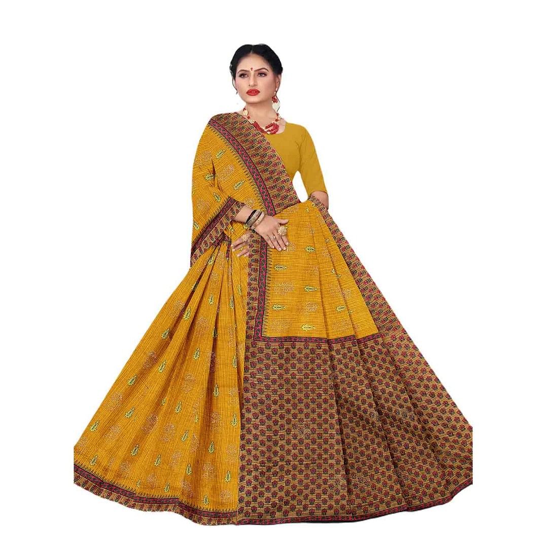 Authenzaa Women Cotton Saree JMDCS019 Yellow 