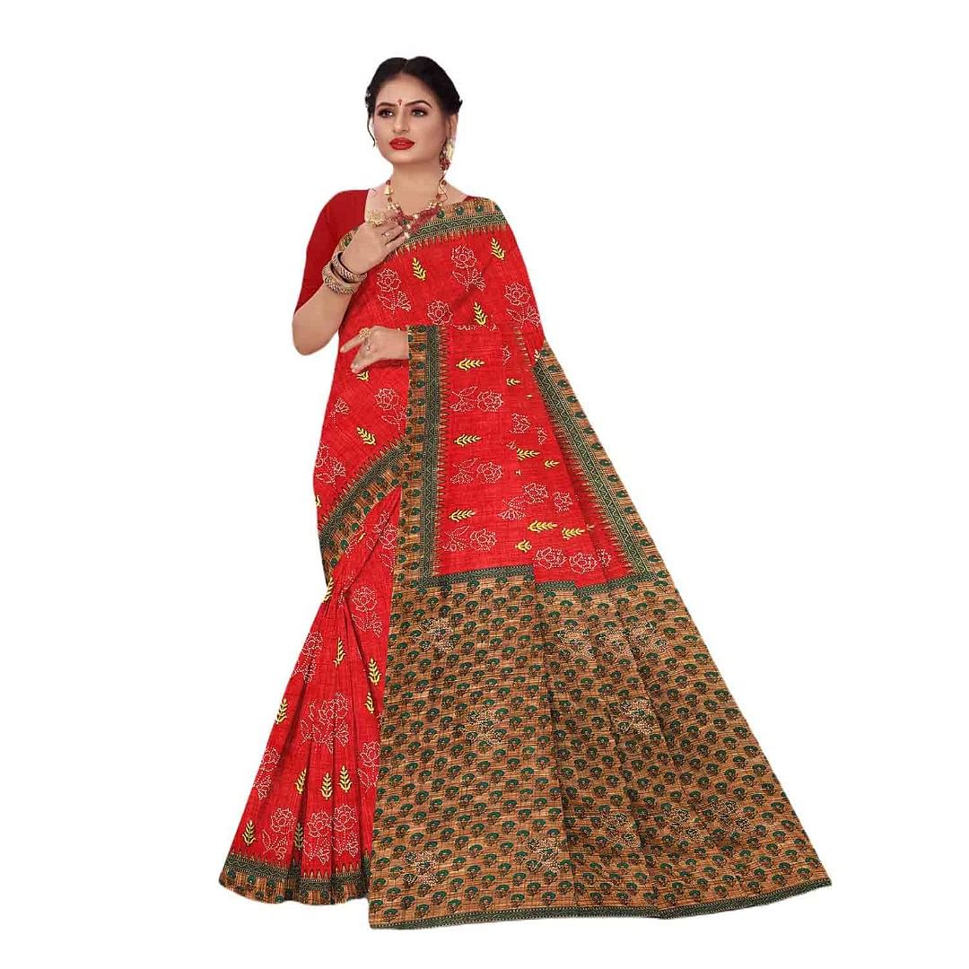 Authenzaa Women Cotton Saree JMDCS022 Red 