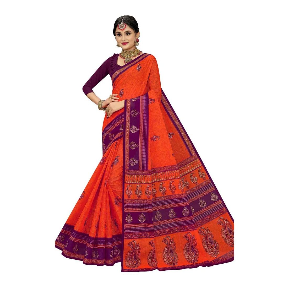 Authenzaa Women Cotton Saree JMDCS026 Orange 