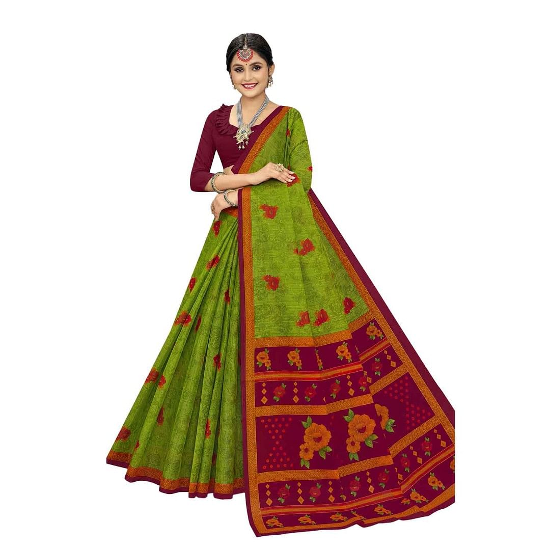 Authenzaa Women Cotton Saree JMDCS027 Green 