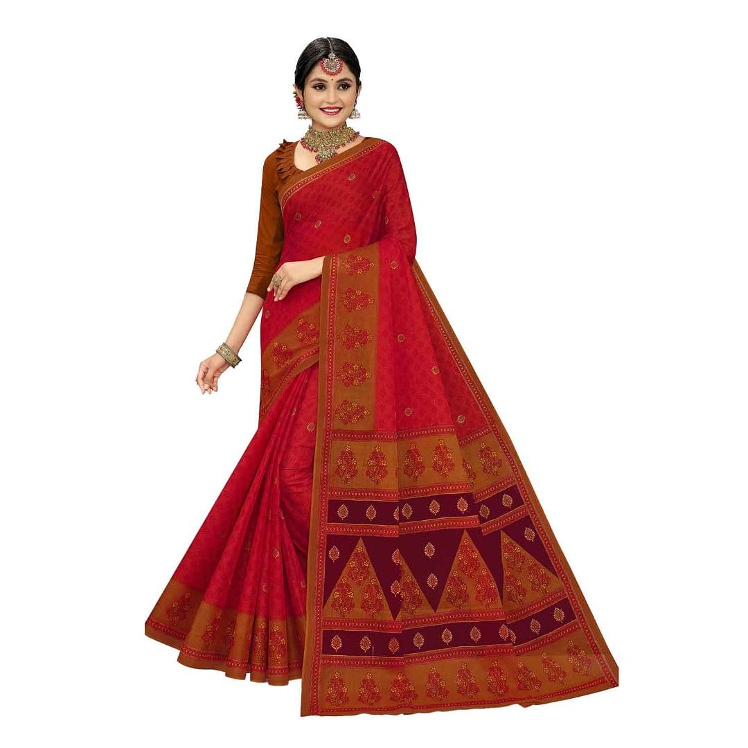 Authenzaa Women Cotton Saree JMDCS030 Red 