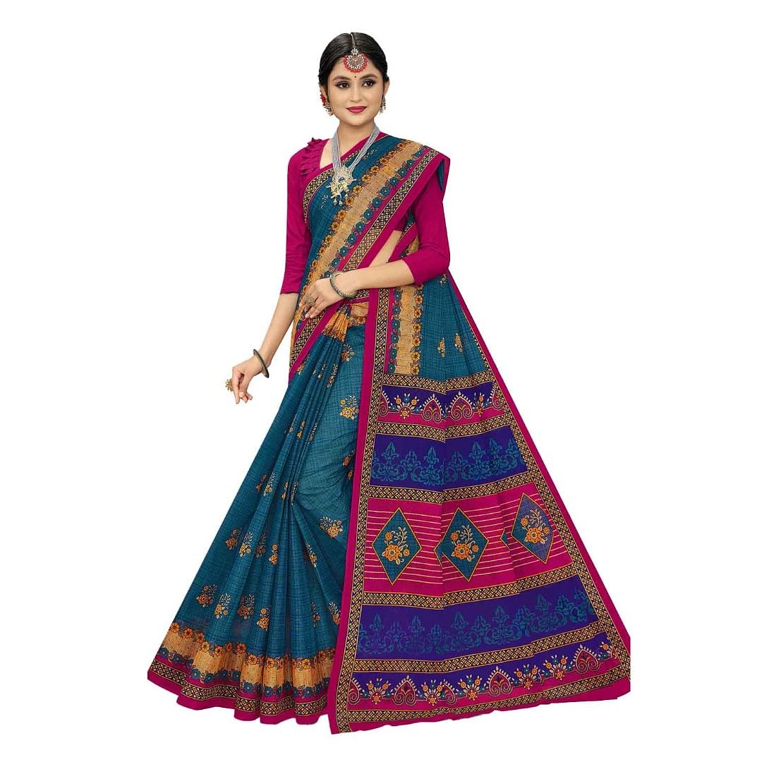 Authenzaa Women Cotton Saree JMDCS031 Bottle Green 