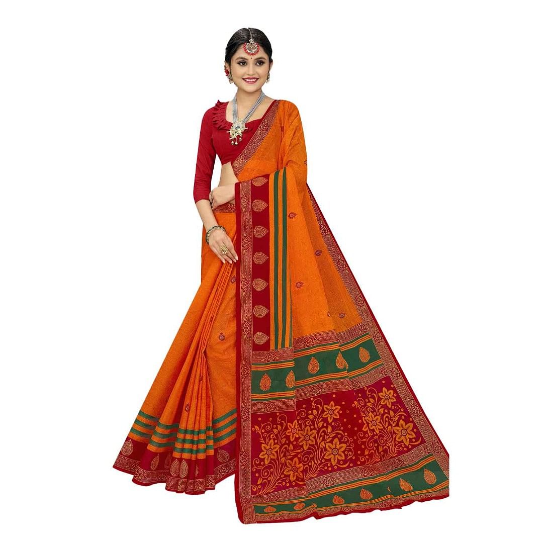 Authenzaa Women Cotton Saree JMDCS032 Light Orange 