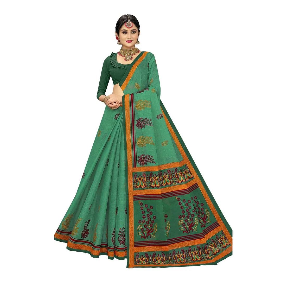 Authenzaa Women Cotton Saree JMDCS034 Green 