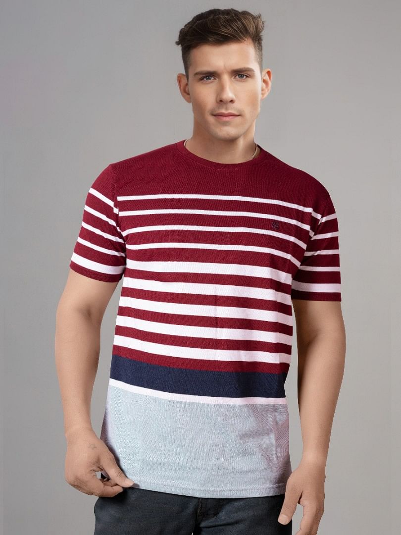 Authenzaa Men Round Neck T-Shirt SFRNT016 Maroon Striped