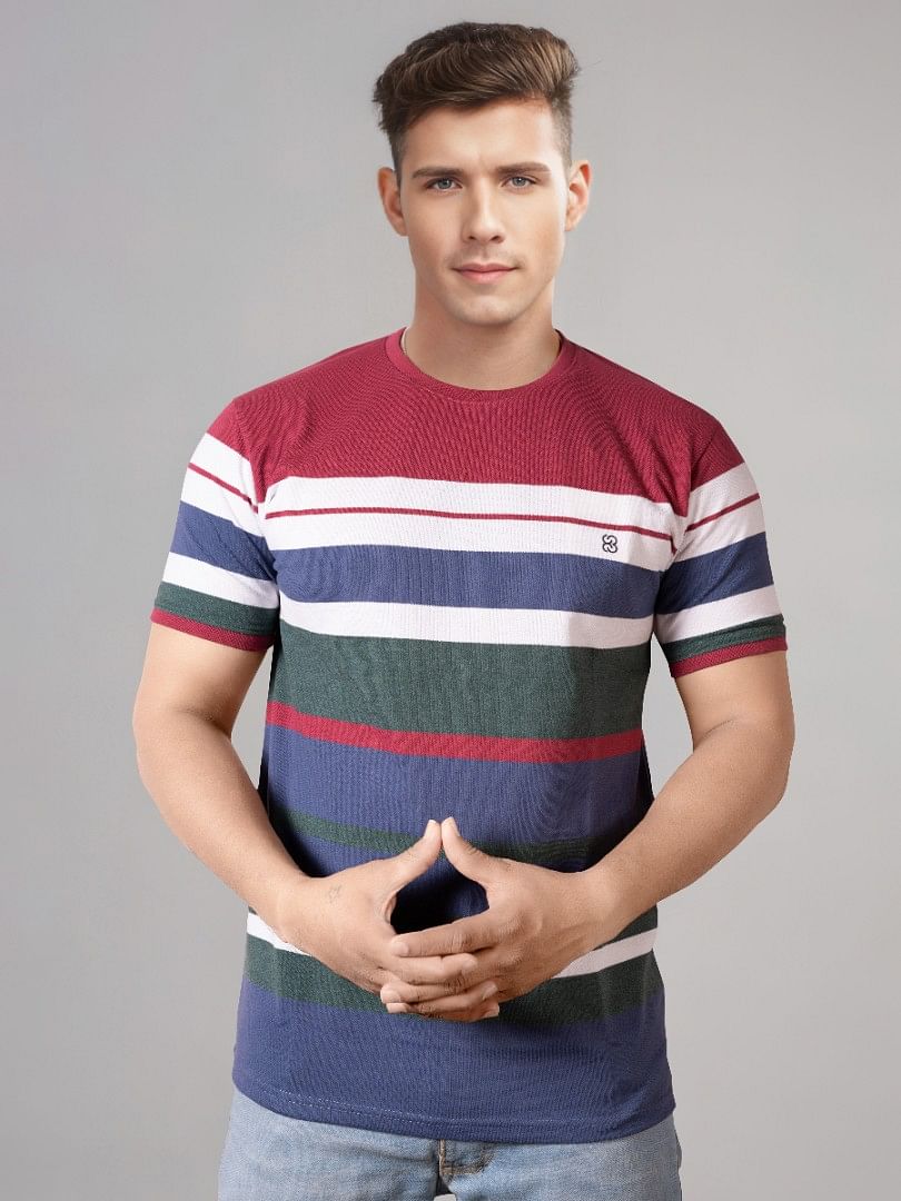 Authenzaa Men Round Neck T-Shirt SFRNT014 Blue Green Striped 