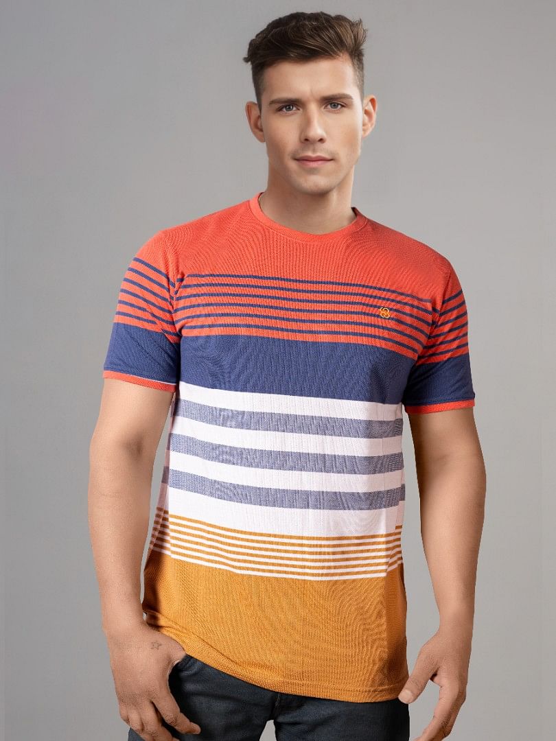 Authenzaa Men Round Neck T-Shirt SFRNT015 Orange Striped