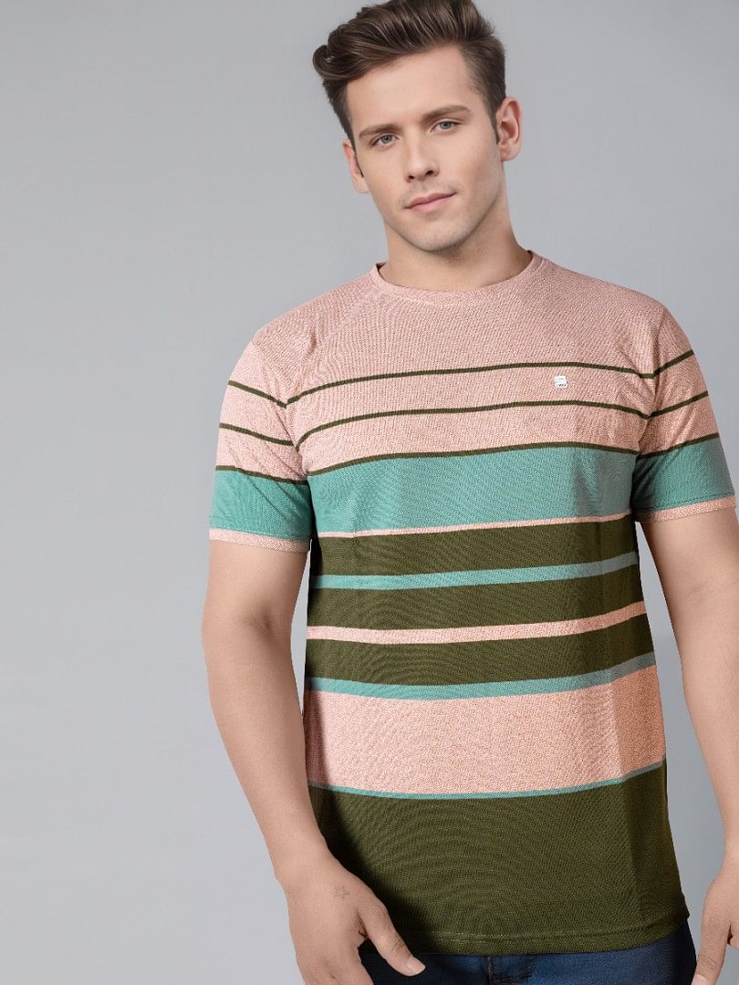 Authenzaa Men Round Neck T-Shirt SFRNT012 Medium Cream Striped 