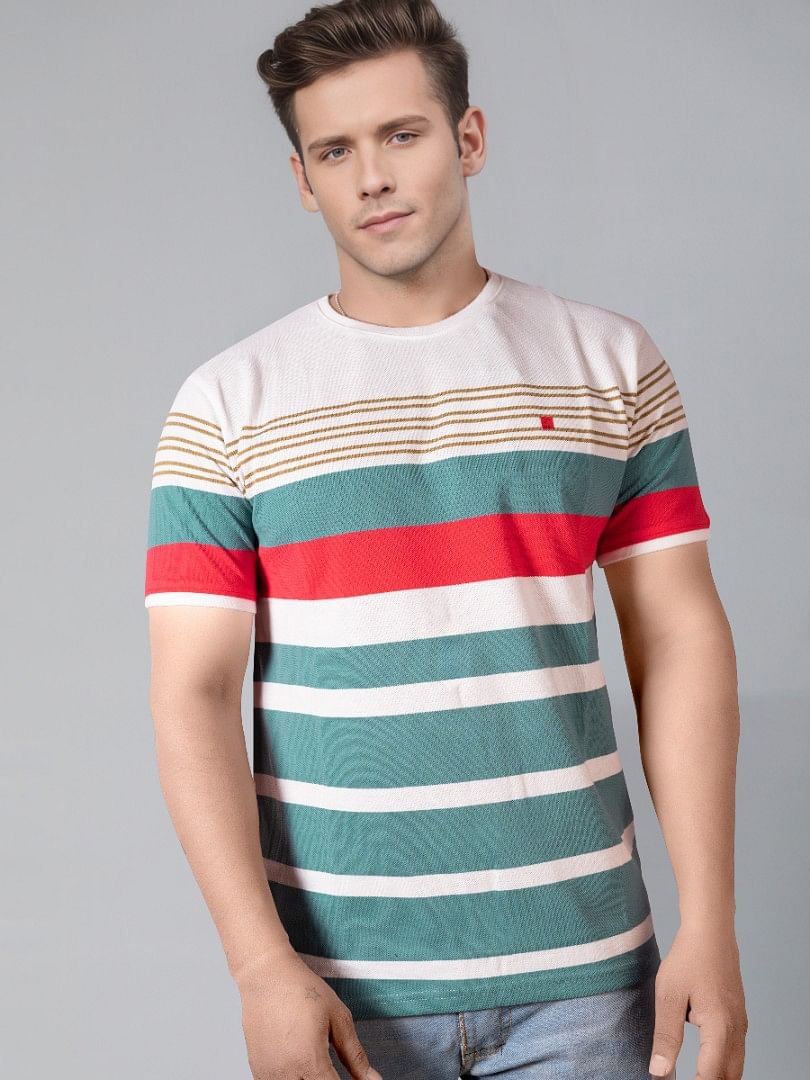 Authenzaa Men Round Neck T-Shirt SFRNT013 White Striped