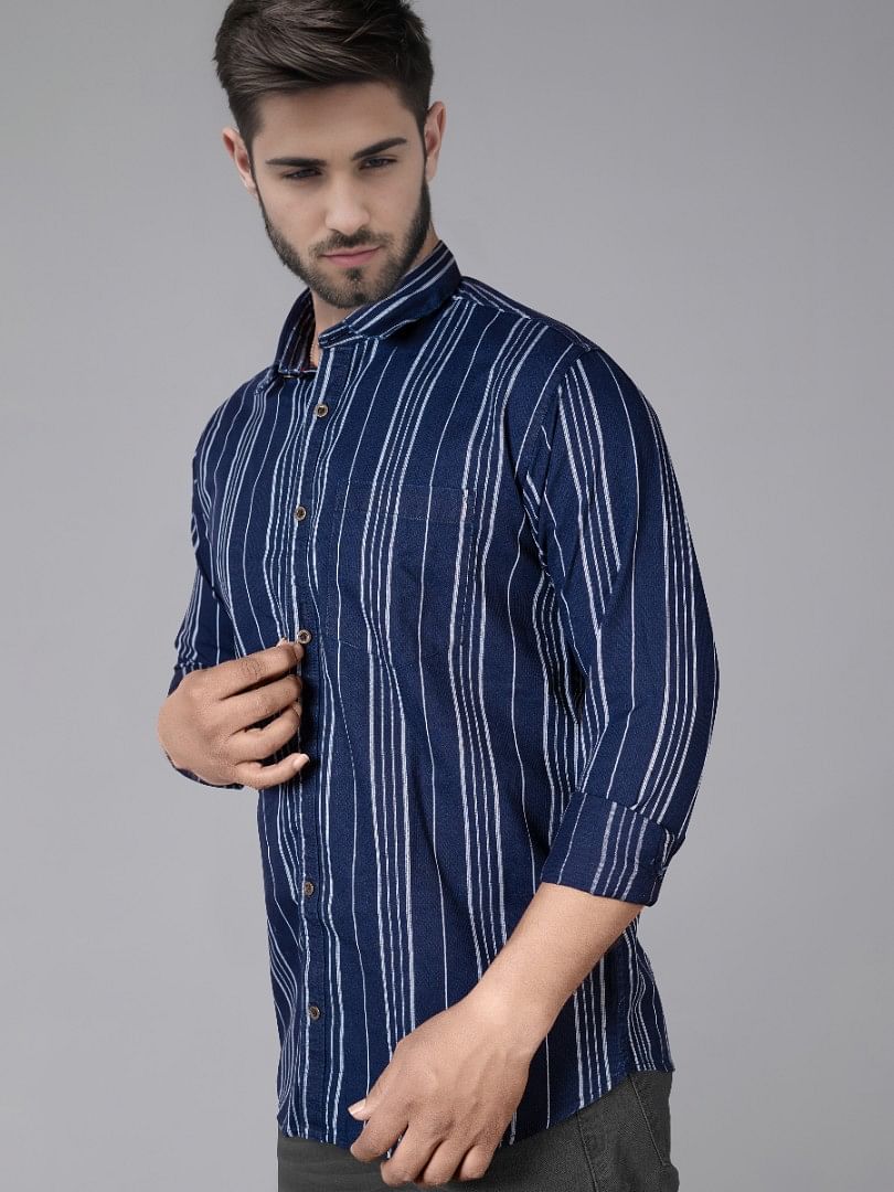 Authenzaa Men Casual Shirt SFCS061 Navy Blue Stripe 