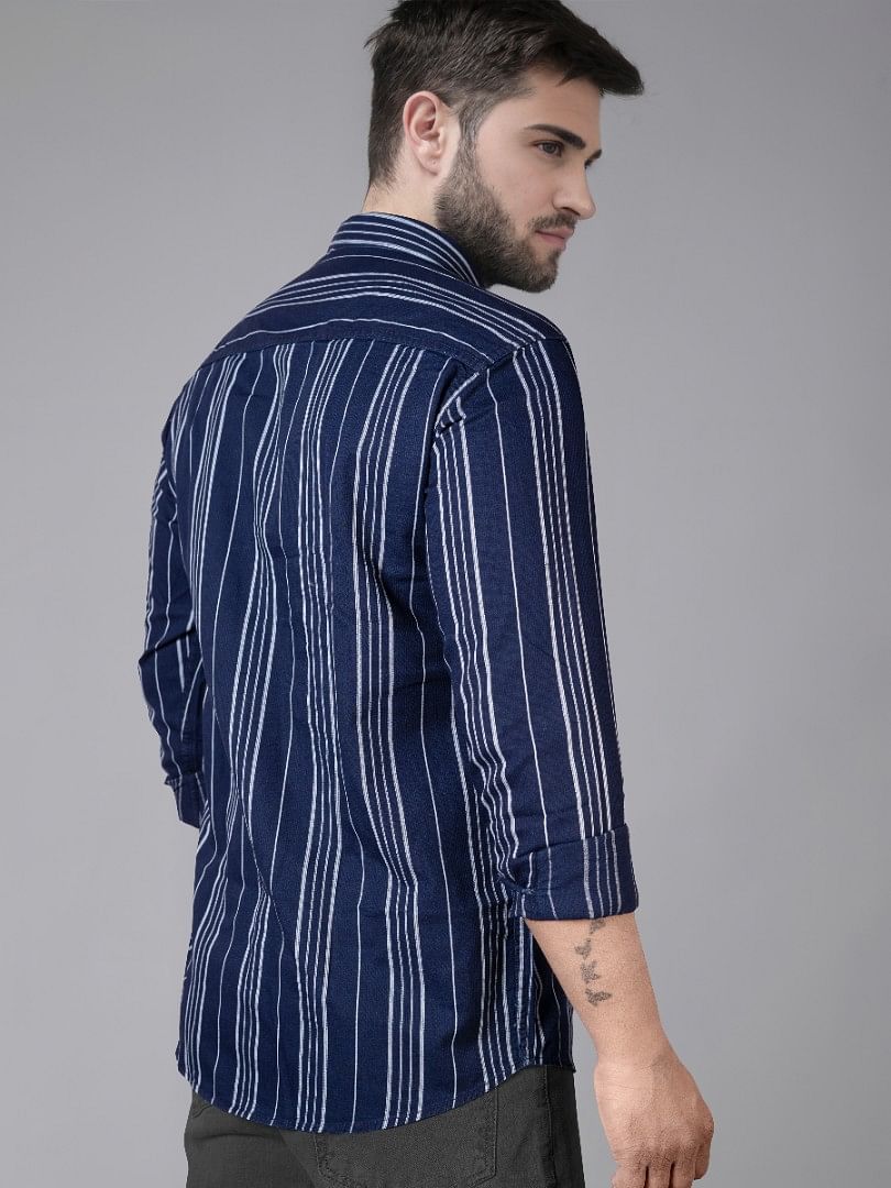 Authenzaa Men Casual Shirt SFCS061 Navy Blue Stripe 