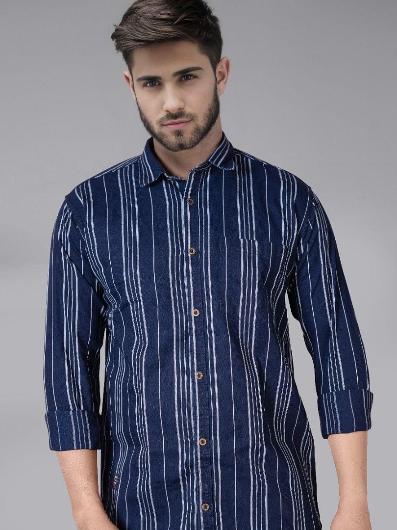 Authenzaa Men Casual Shirt SFCS061 Navy Blue Stripe 