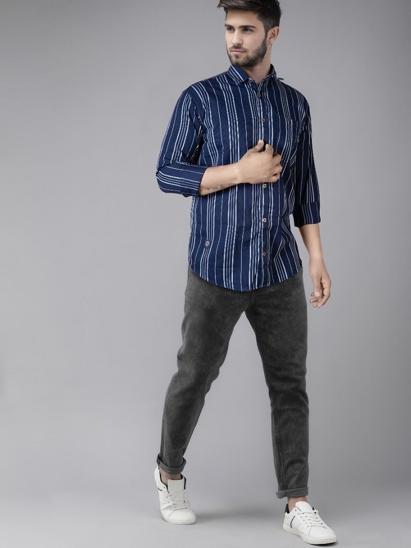 Authenzaa Men Casual Shirt SFCS061 Navy Blue Stripe 