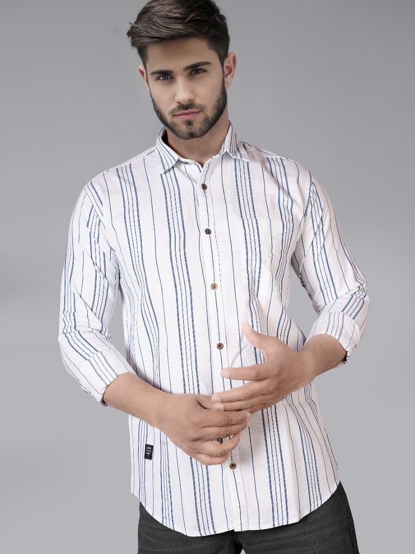 Authenzaa Men Casual Shirt SFCS060 White Blue Stripe 