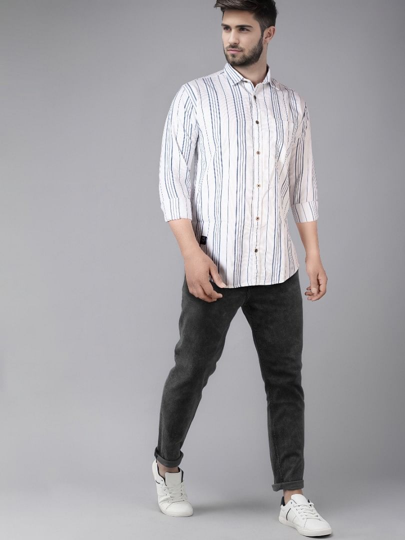 Authenzaa Men Casual Shirt SFCS060 White Blue Stripe 