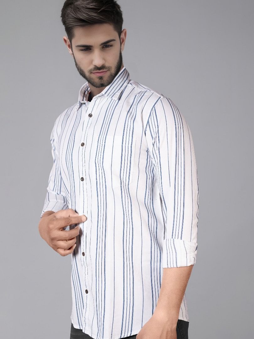 Authenzaa Men Casual Shirt SFCS060 White Blue Stripe 