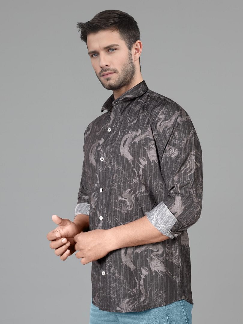 Authenzaa Men Casual Shirt SFCS058 Stripe Dark Grey 