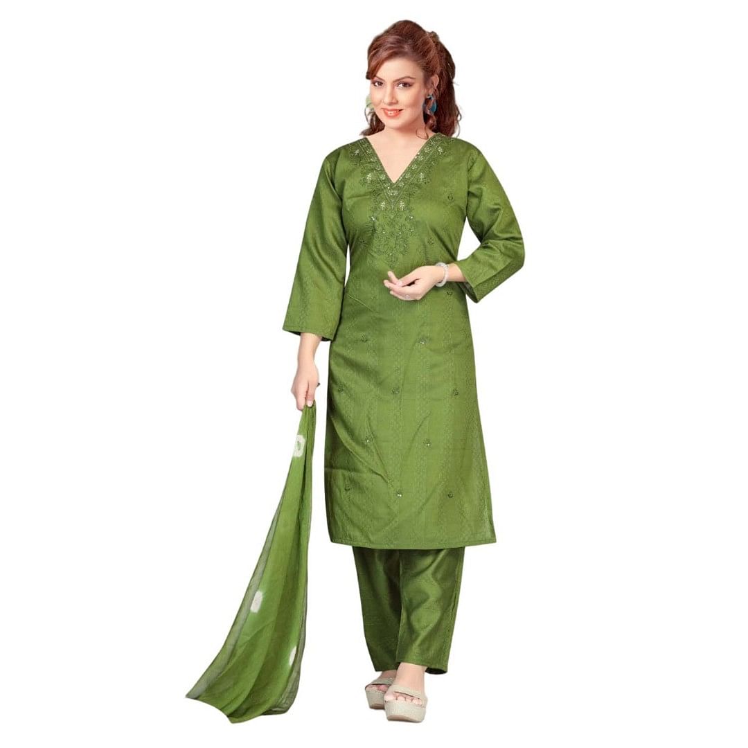 Authenzaa Women 3pcs Kurti  Set SMCKS002 Green 