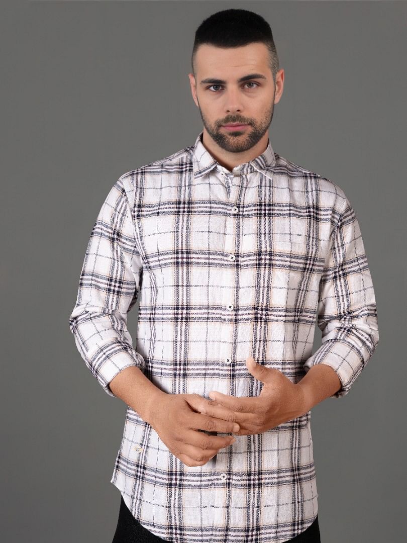 Authenzaa Men Casual Shirt SFCS085 Off White Blue Chex 