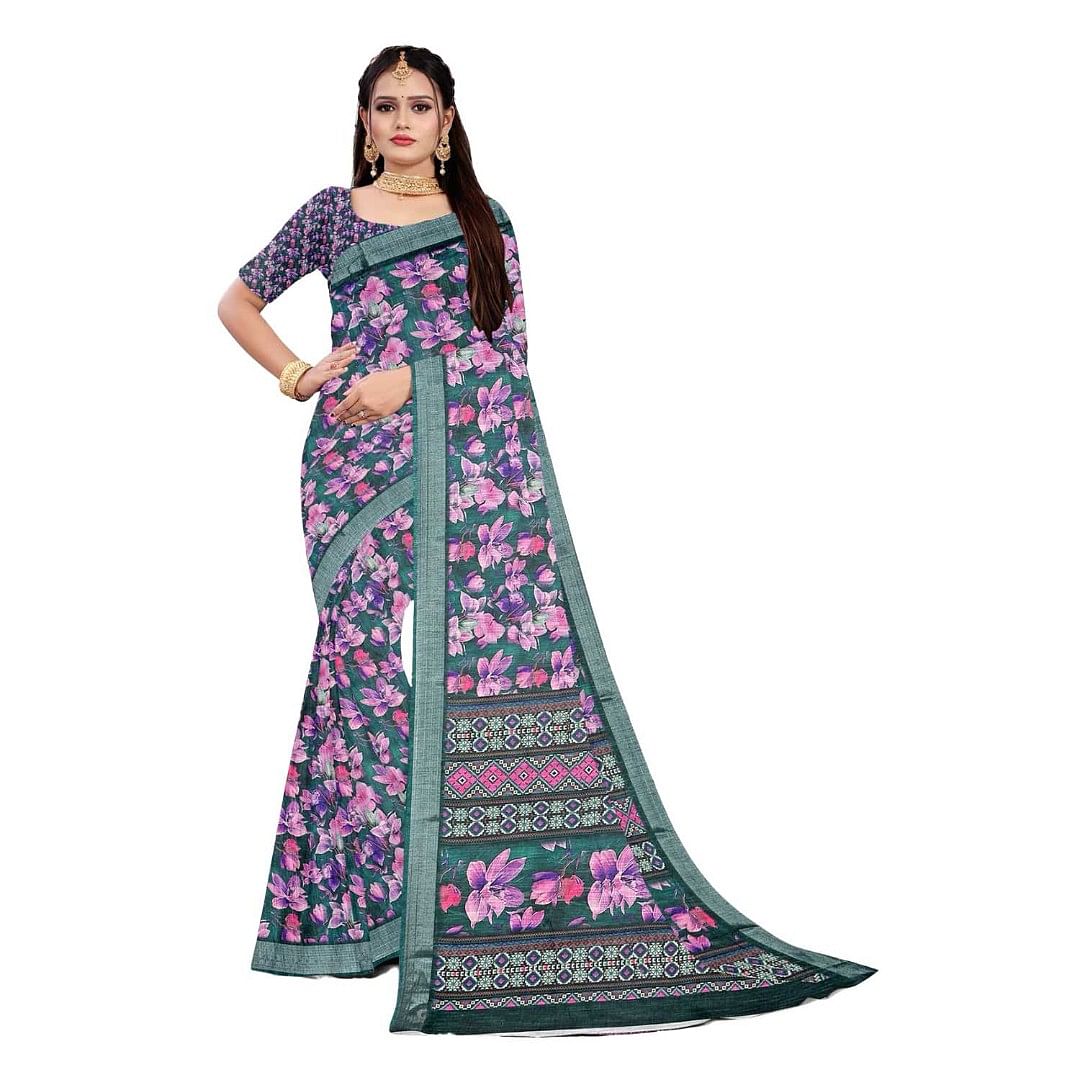 Authenzaa Women Saree ASWS086 Bottle Green 