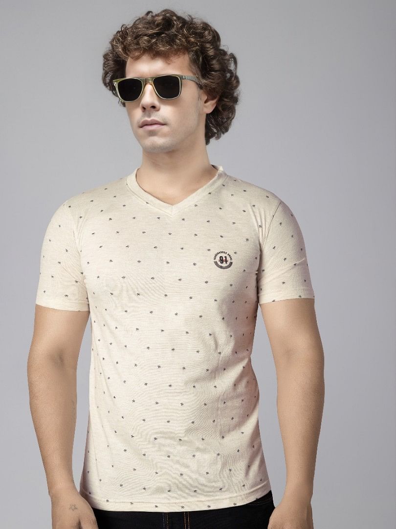 Authenzaa V Neck T-Shirt GKVNT012 Light Beige 