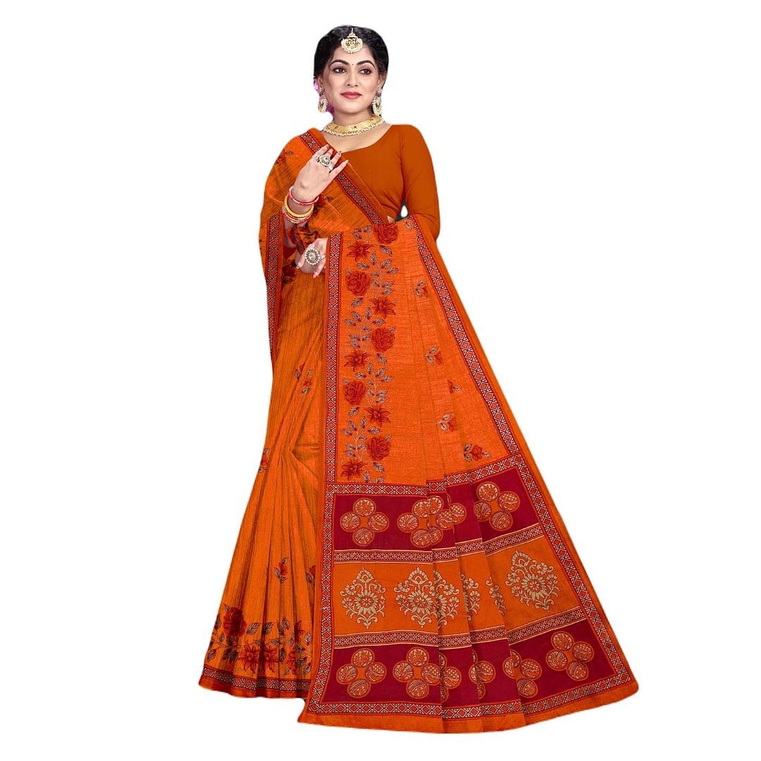 Authenzaa Women Cotton Saree JMDCS066 Orange 