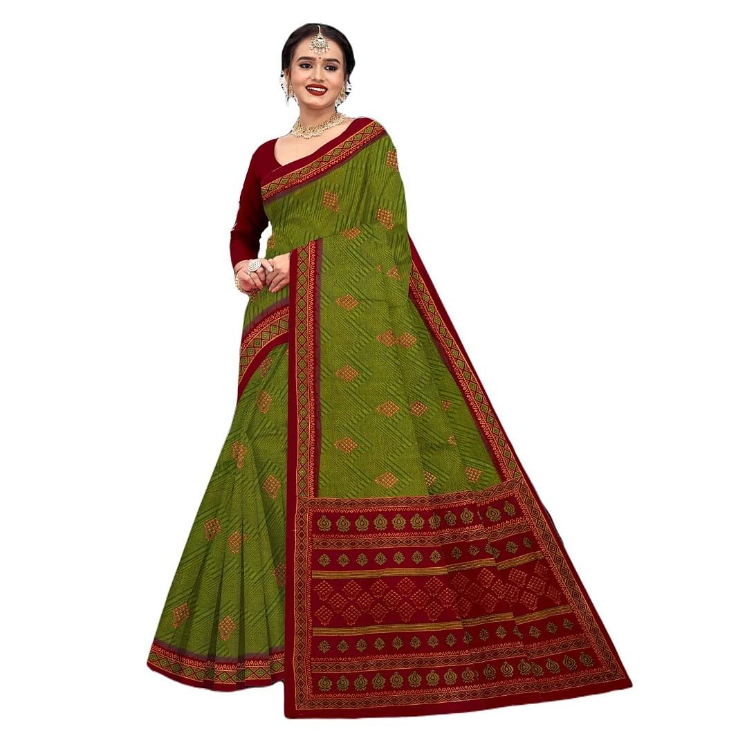 Authenzaa Women Cotton Saree JMDCS066 Mehandi 