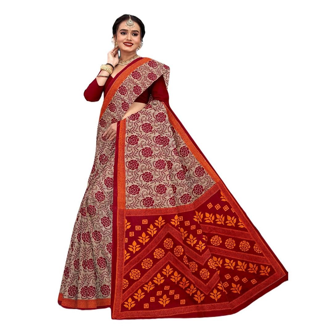 Authenzaa Women Cotton Saree JMDCS066 Ivory 
