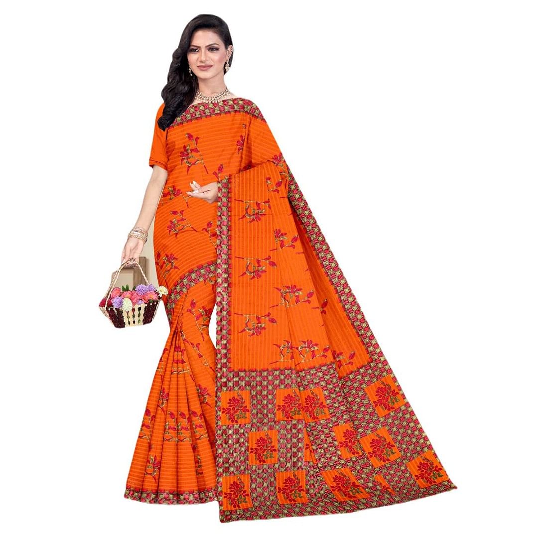 Authenzaa Women Cotton Saree JMDCS067 Carrot 
