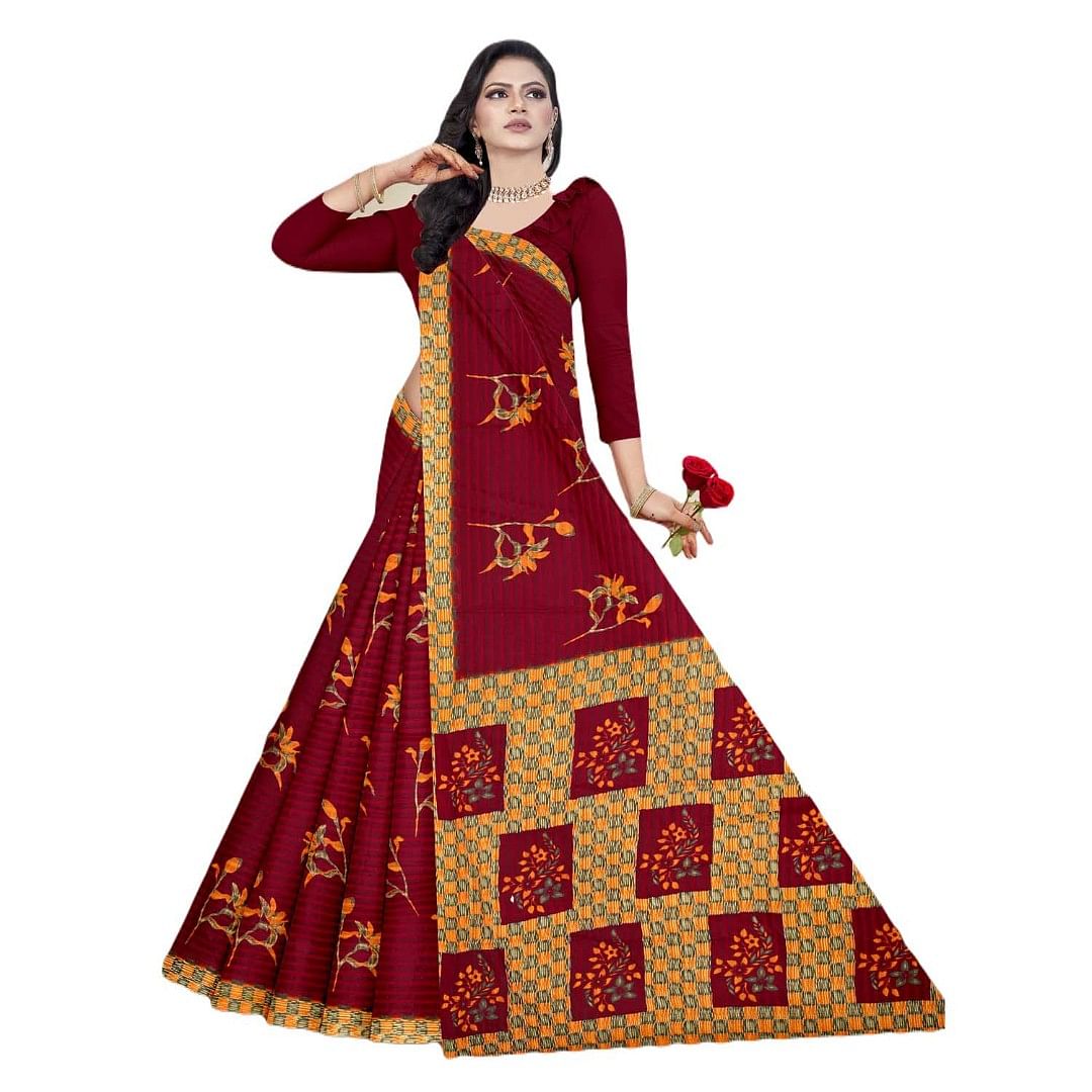 Authenzaa Women Cotton Saree JMDCS067 Dark Maroon 