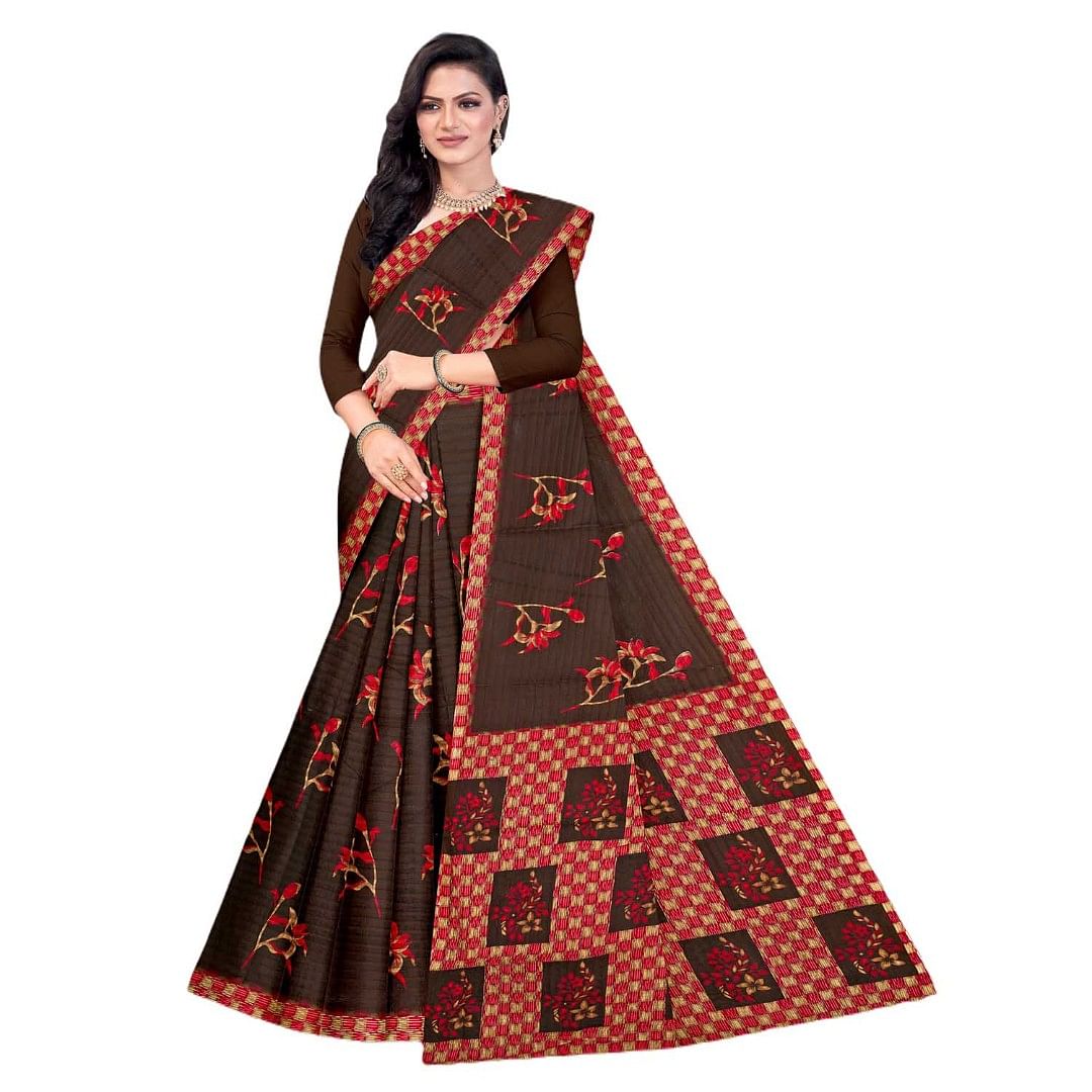Authenzaa Women Cotton Saree JMDCS067 Umber 