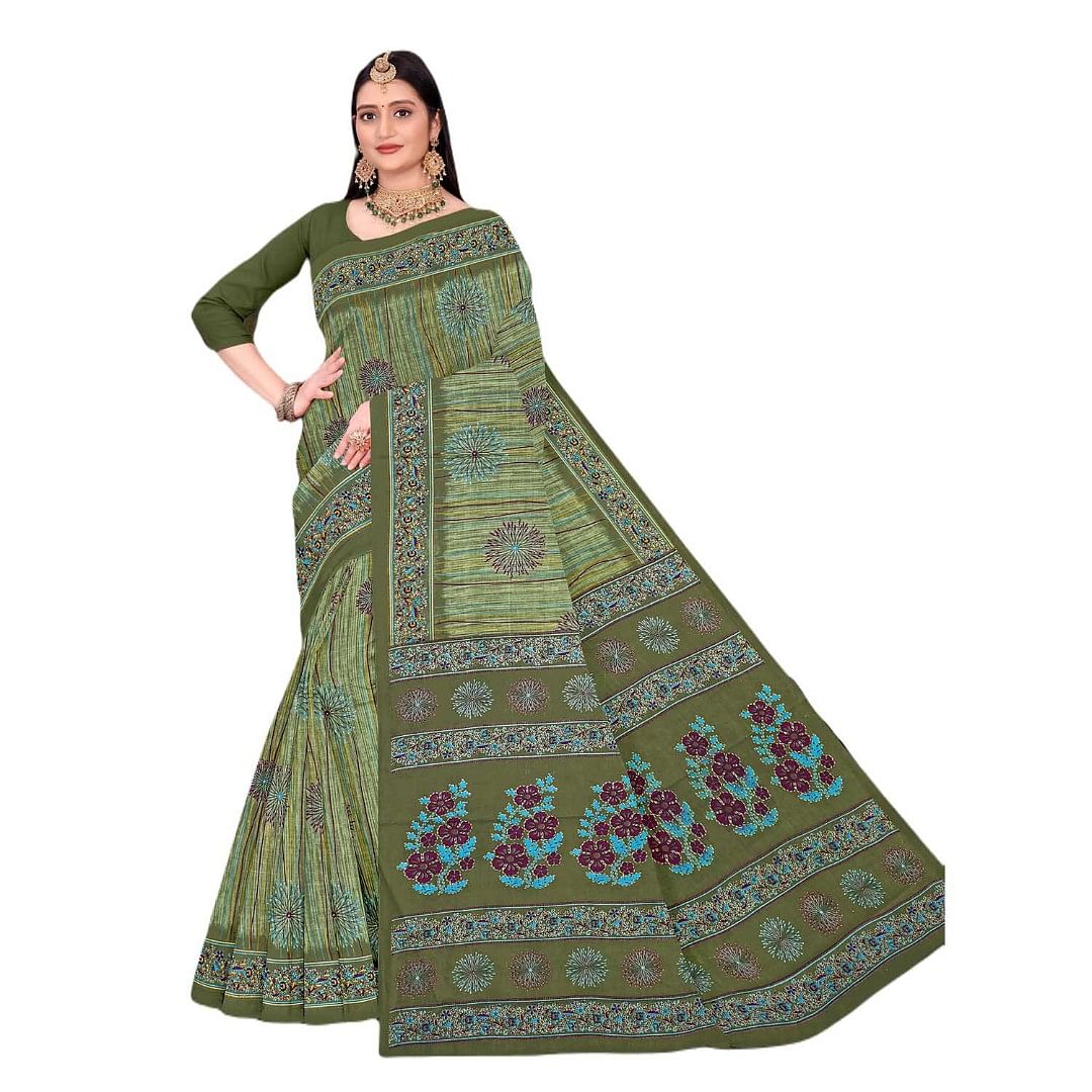 Authenzaa Women Cotton Saree JMDCS068 Green 