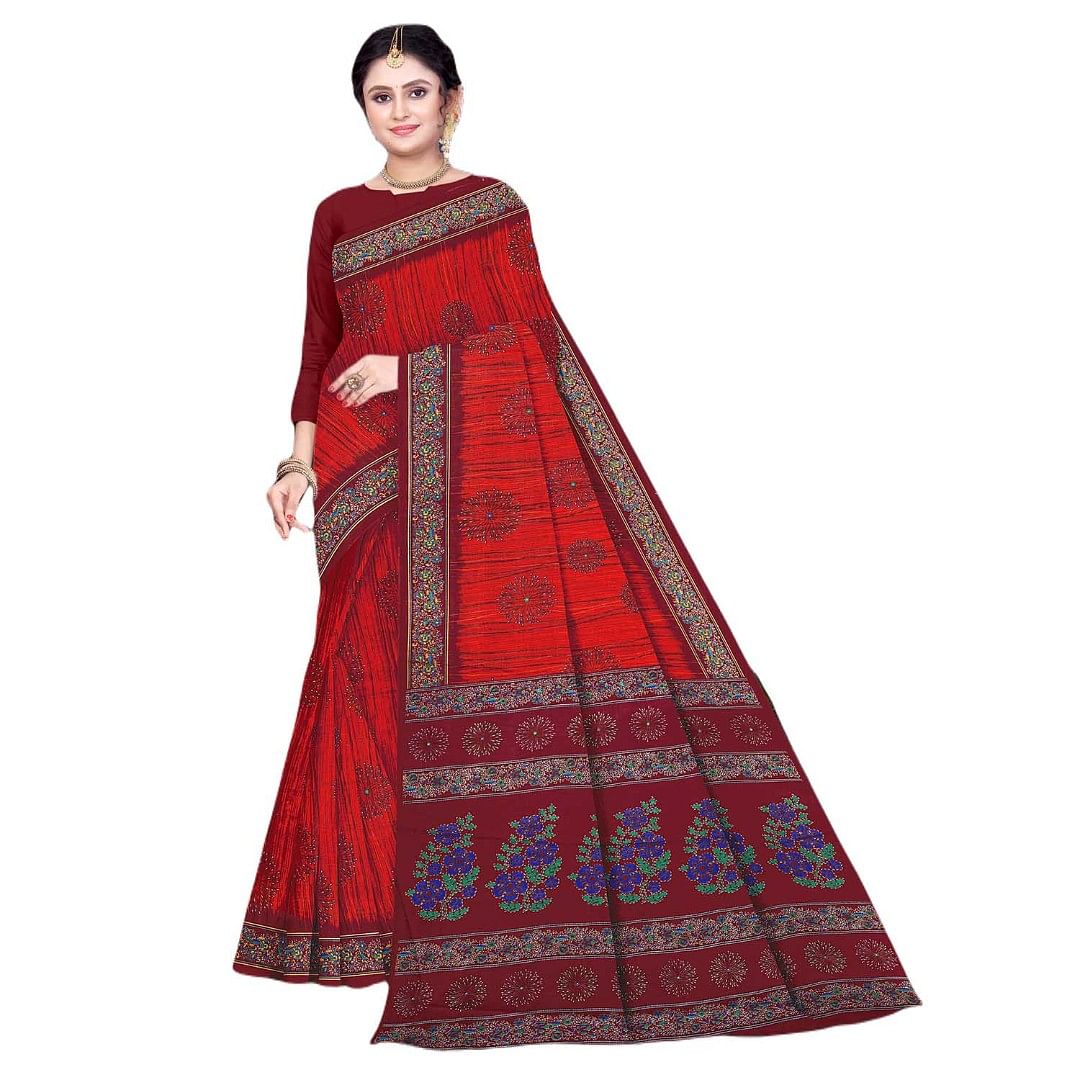 Authenzaa Women Cotton Saree JMDCS068 Garnet 