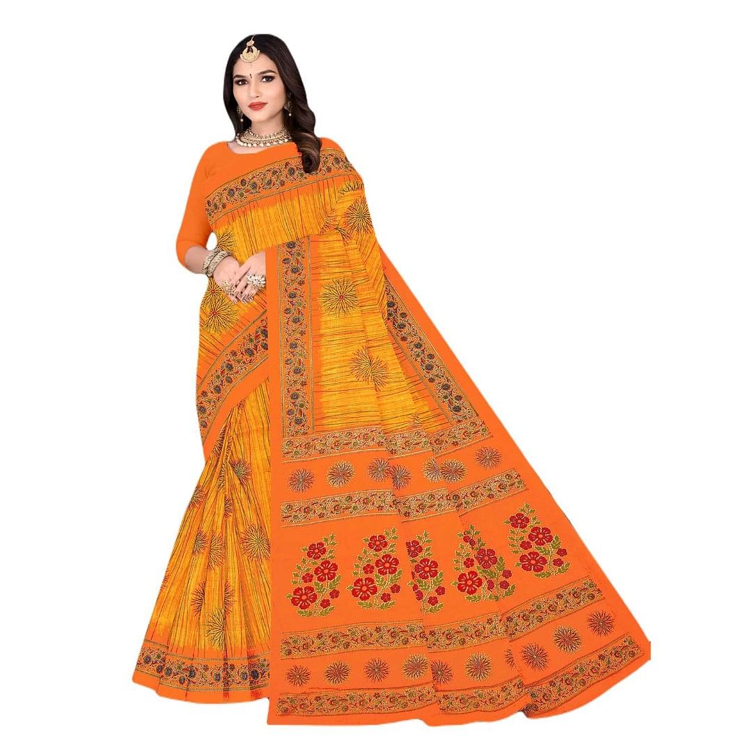Authenzaa Women Cotton Saree JMDCS068 Marigold 