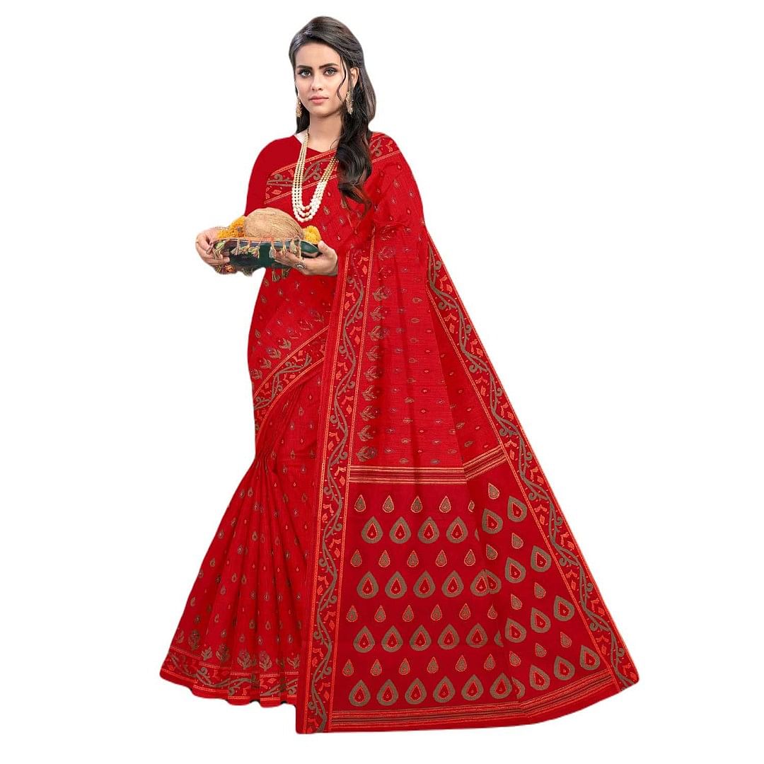 Authenzaa Women Cotton Saree JMDCS069 Red 