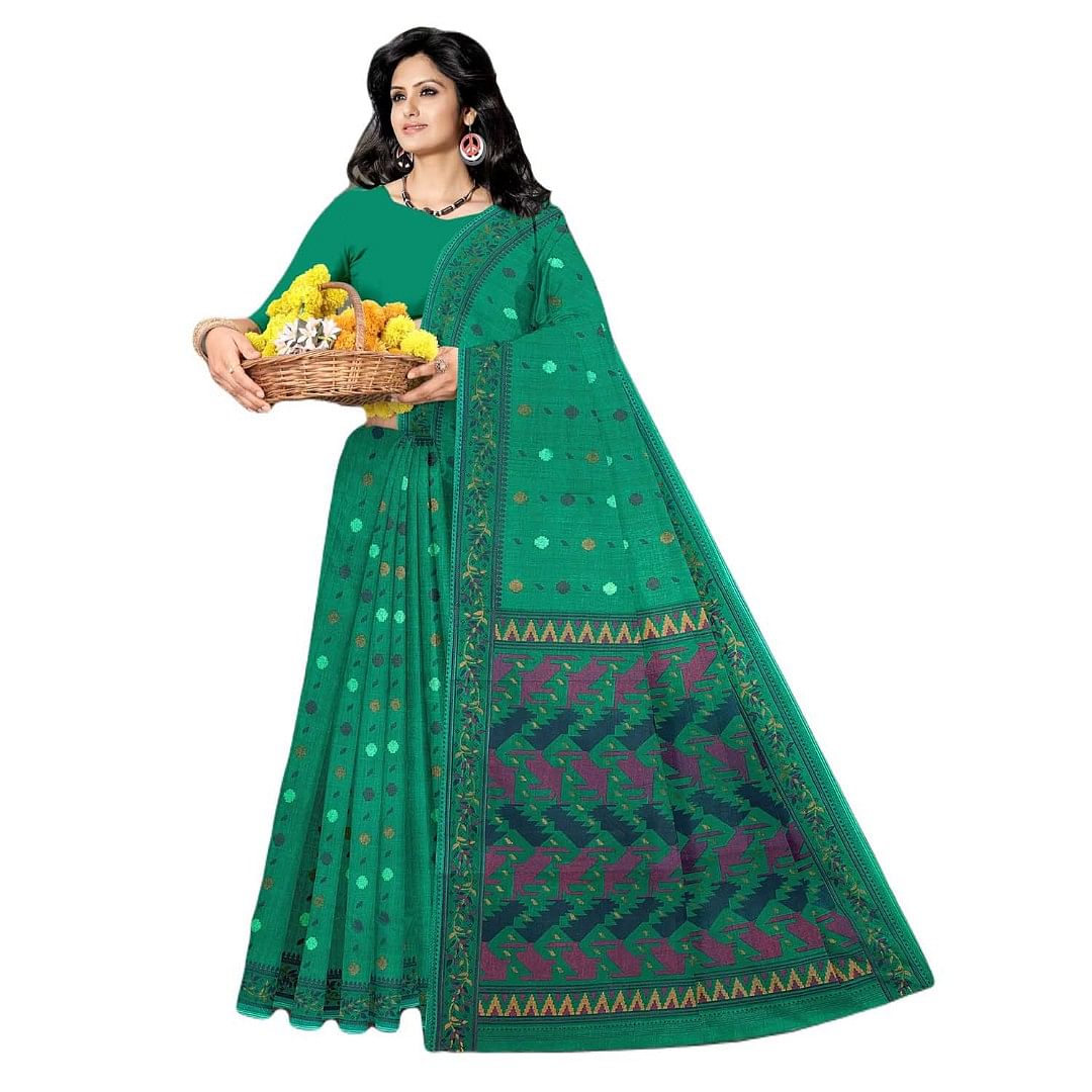 Authenzaa Women Cotton Saree JMDCS069 Bottle Green 