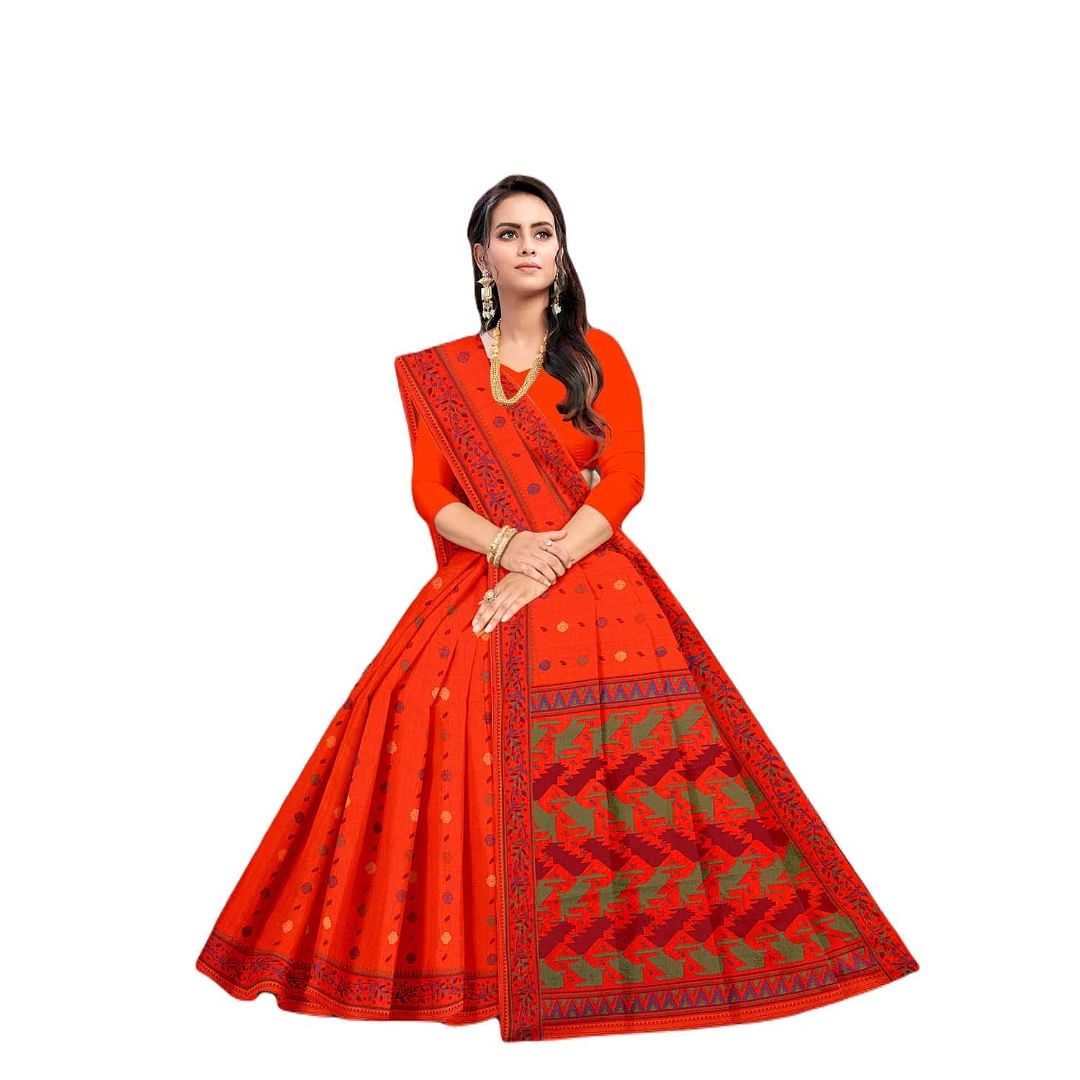 Authenzaa Women Cotton Saree JMDCS069 Carrot 