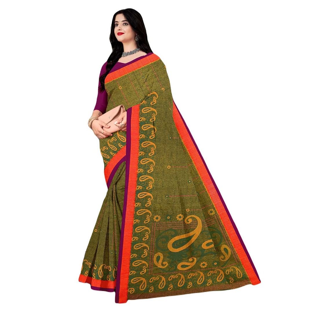 Authenzaa Women Cotton Saree JMDCS069 Forest Green 