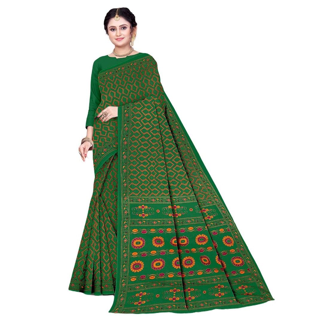 Authenzaa Women Cotton Saree JMDCS070 Dark Green 