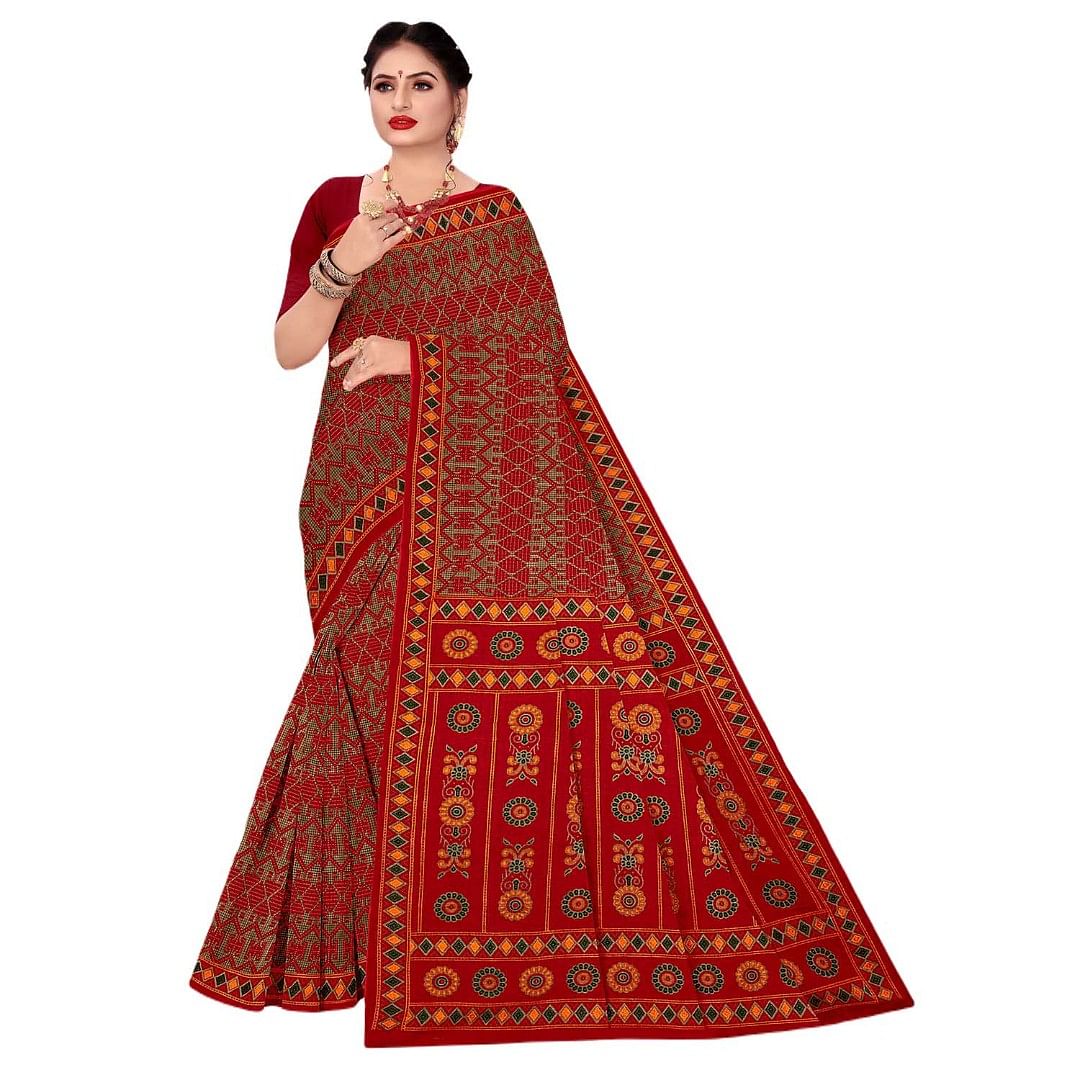 Authenzaa Women Cotton Saree JMDCS070 Rubby 