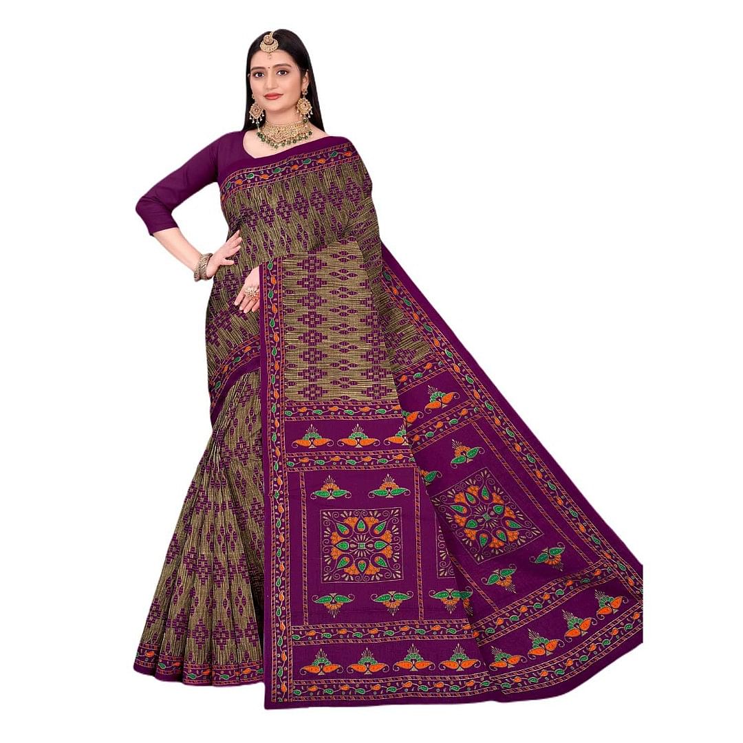 Authenzaa Women Cotton Saree JMDCS070 Grape 