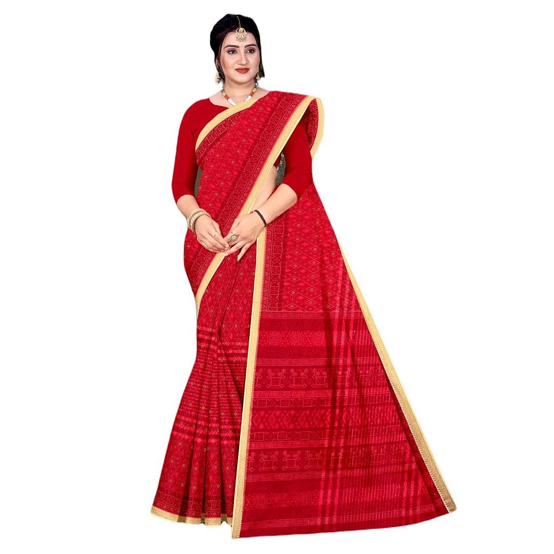 Authenzaa Women Cotton Saree JMDCS071 Crimson 