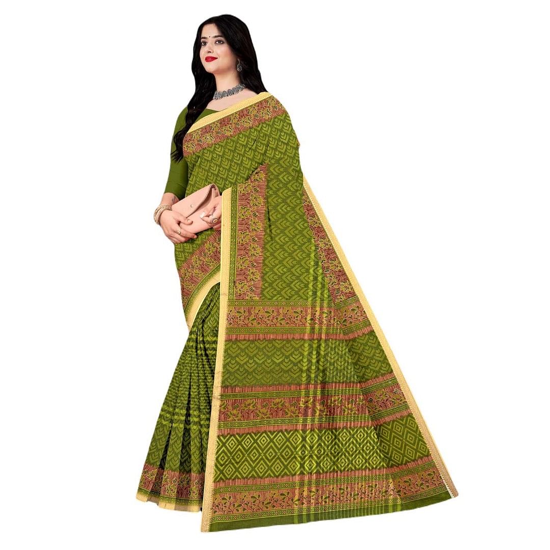 Authenzaa Women Cotton Saree JMDCS071 Forest Green 