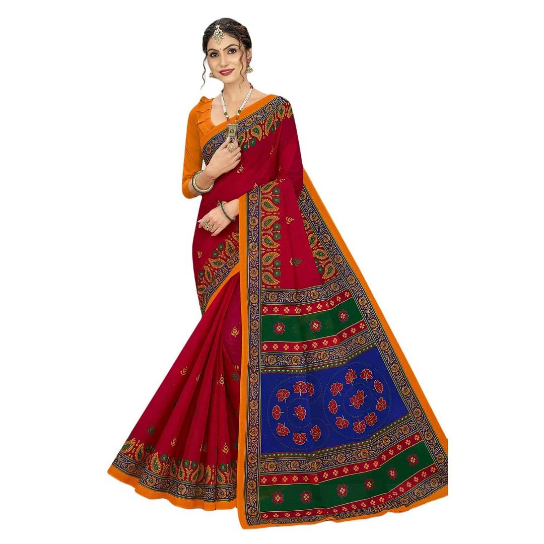 Authenzaa Women Cotton Saree JMDCS072 Red 
